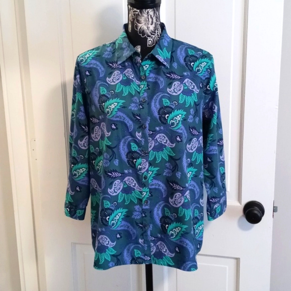 💜Lands' End💜 - Purple/Green Floral Paisley Supima Cotton Button Down